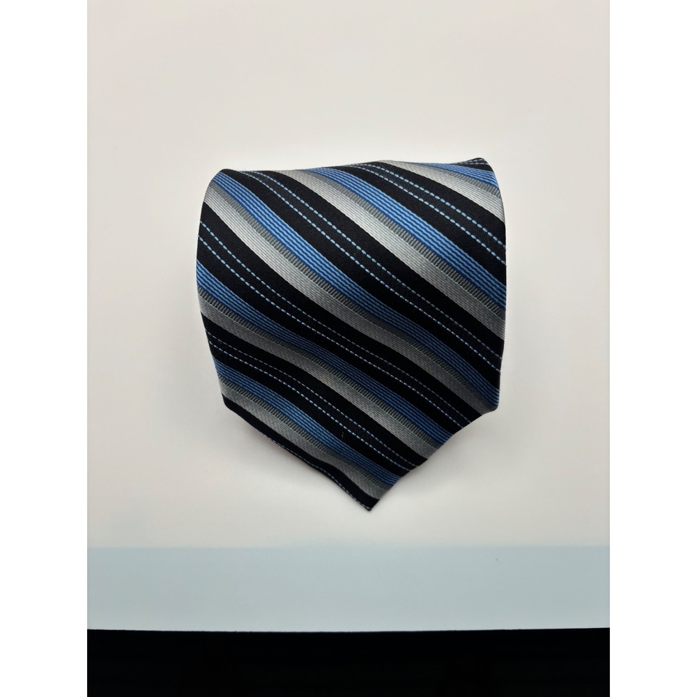 Paul Dione Mens Silk Necktie Blue Grey Black Striped Formal Business Tie